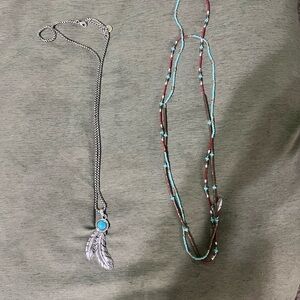 Silver Feather Pendant Necklace and Beaded Necklace Set